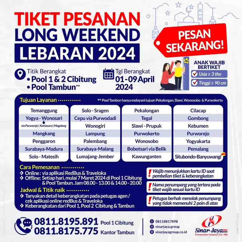 Telah di buka tiket pesanan Lebaran 2024. khusus untuk keberangkatan di tanggal 1 s.d 9 April 2024. 